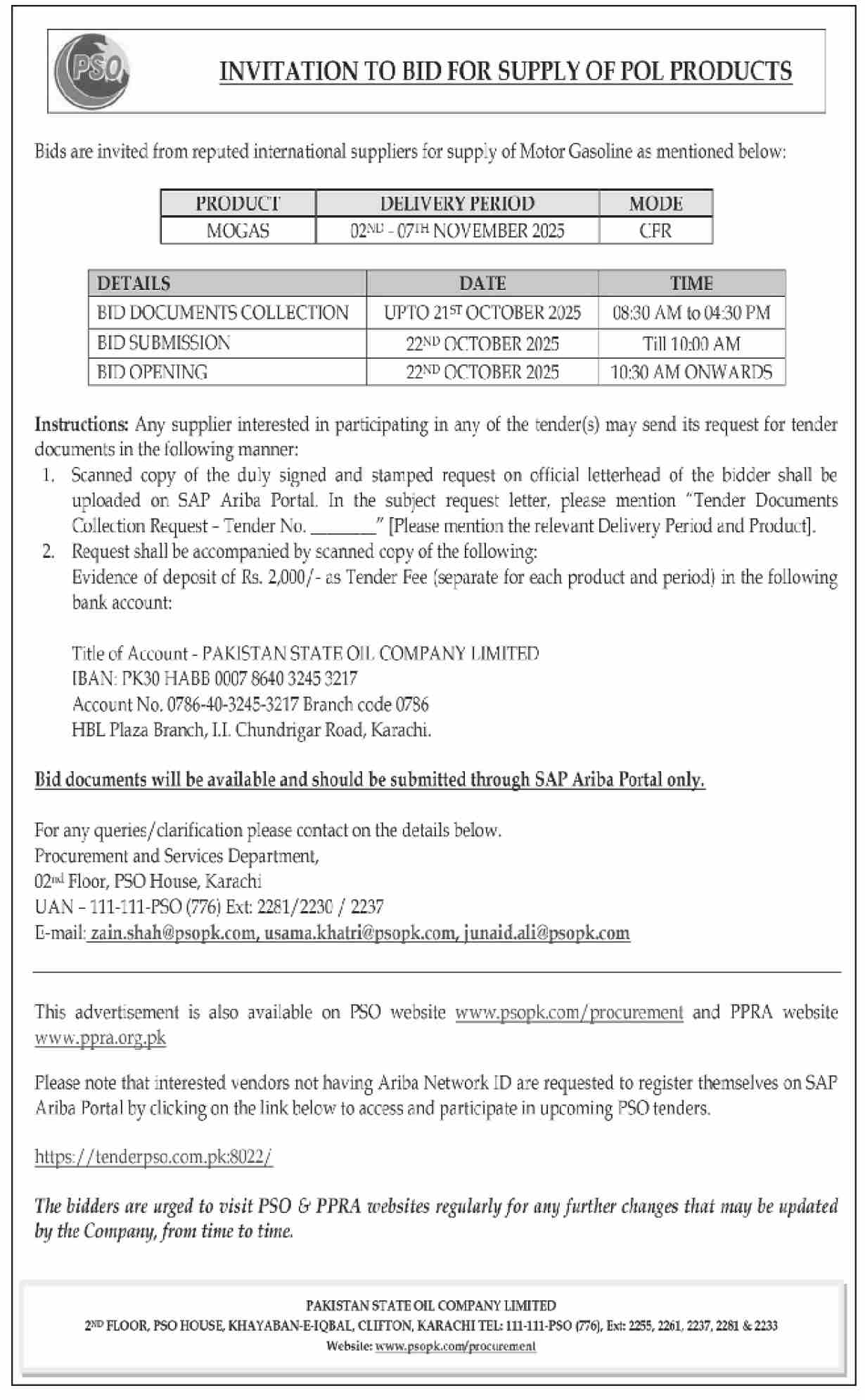 Pakistan State Oil Company Limited Tender Notice